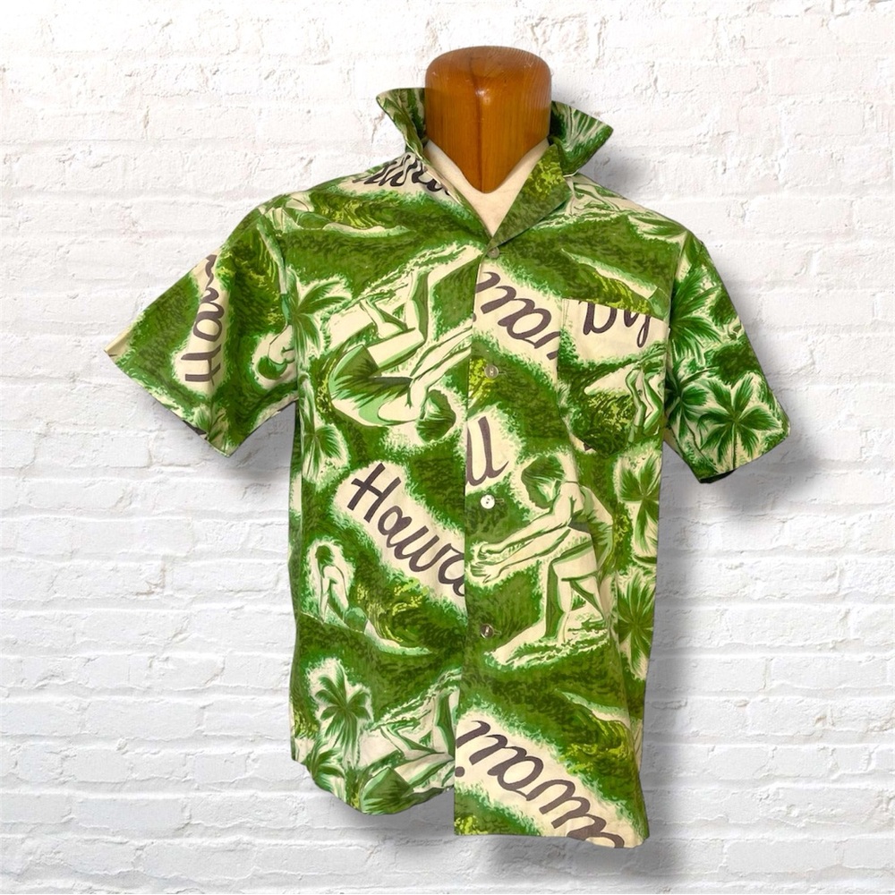 Rare Vintage 70's Mr. Kaulia Green Hawaiian Aloha button up Shirt.